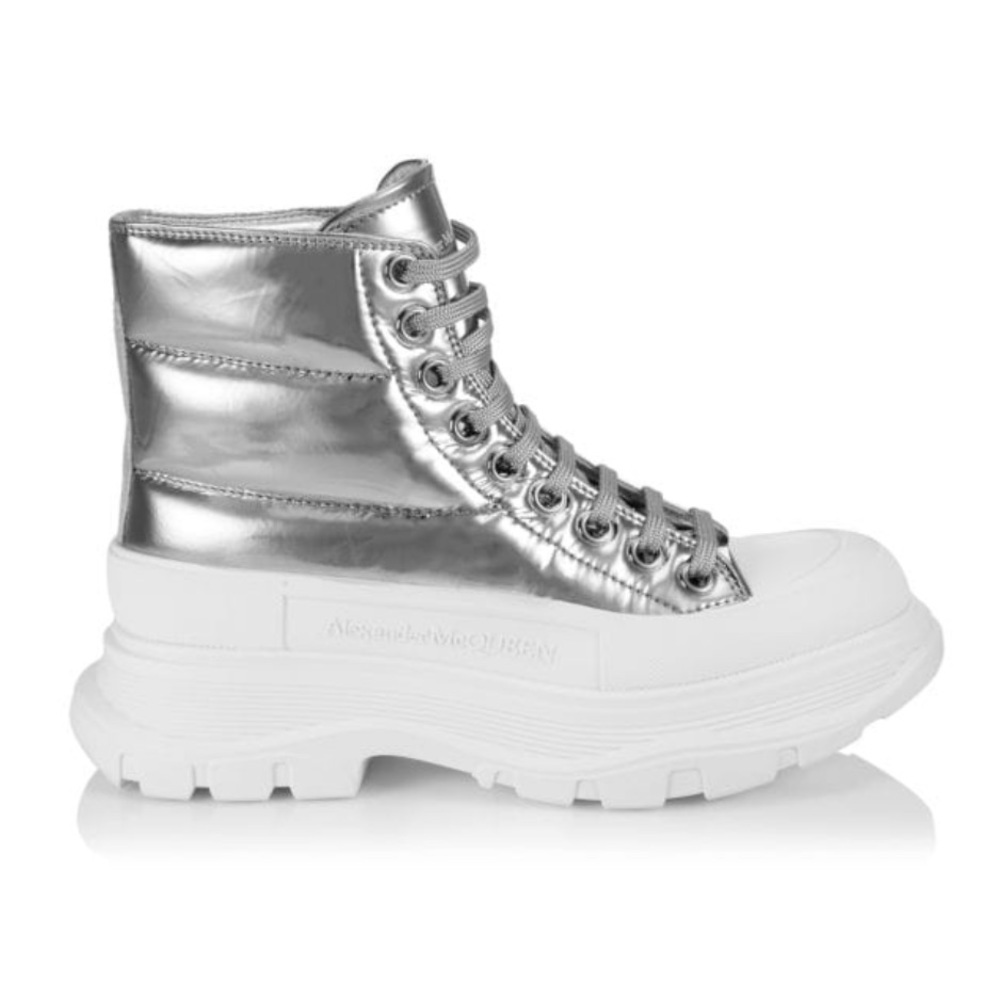 Alexander McQueen Puffer Tread Slick Metallic Leather Ankle Boots Silver 7.5